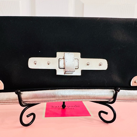 ANN TAYLOR ~ Elegant Black Satin and Silver Leather Clutch w/Twist Lock - Picture 4 of 7